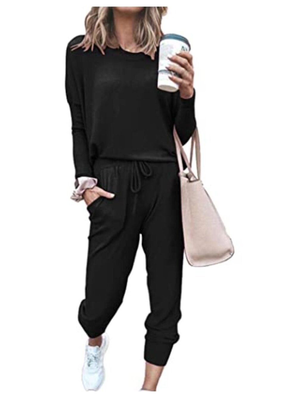 Women 2 Piece Lounge Set Long Sleeve Crewneck Sweatshirt High Waist Drawstring